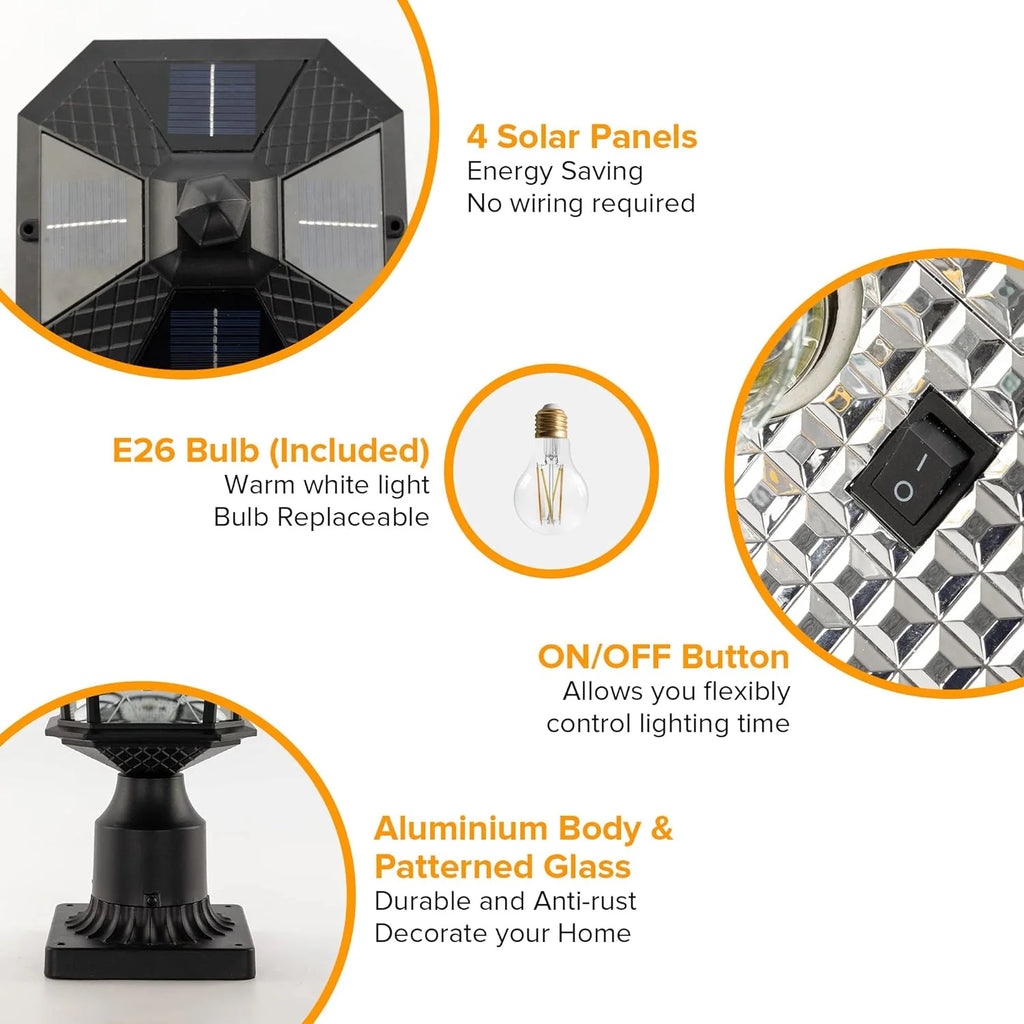 Outdoor Solar Post Light with Patterned Glass, Dusk-to-Dawn Operation and Included Pier Mount Base