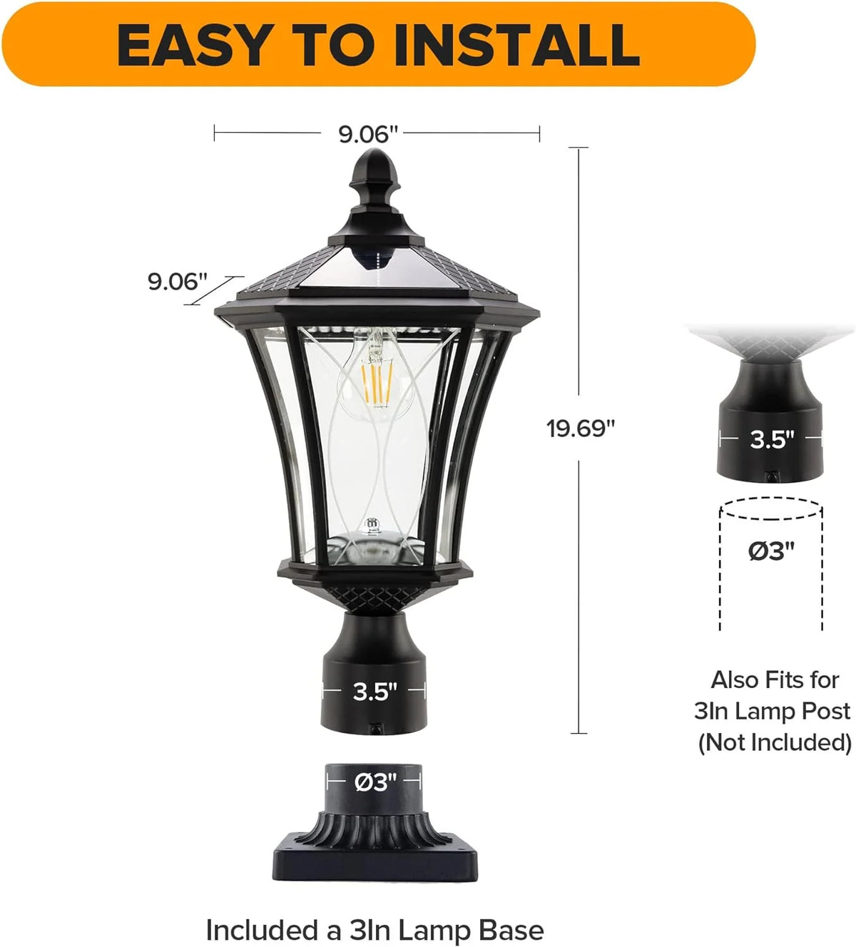 Outdoor Solar Post Light with Patterned Glass, Dusk-to-Dawn Operation and Included Pier Mount Base
