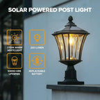 Outdoor Solar Post Light with Patterned Glass, Dusk-to-Dawn Operation and Included Pier Mount Base