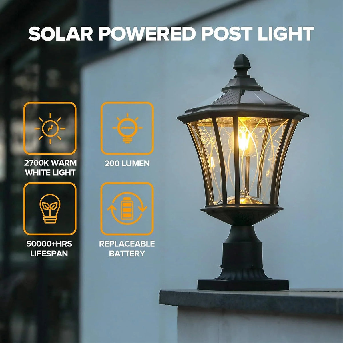 Outdoor Solar Post Light with Patterned Glass, Dusk-to-Dawn Operation and Included Pier Mount Base
