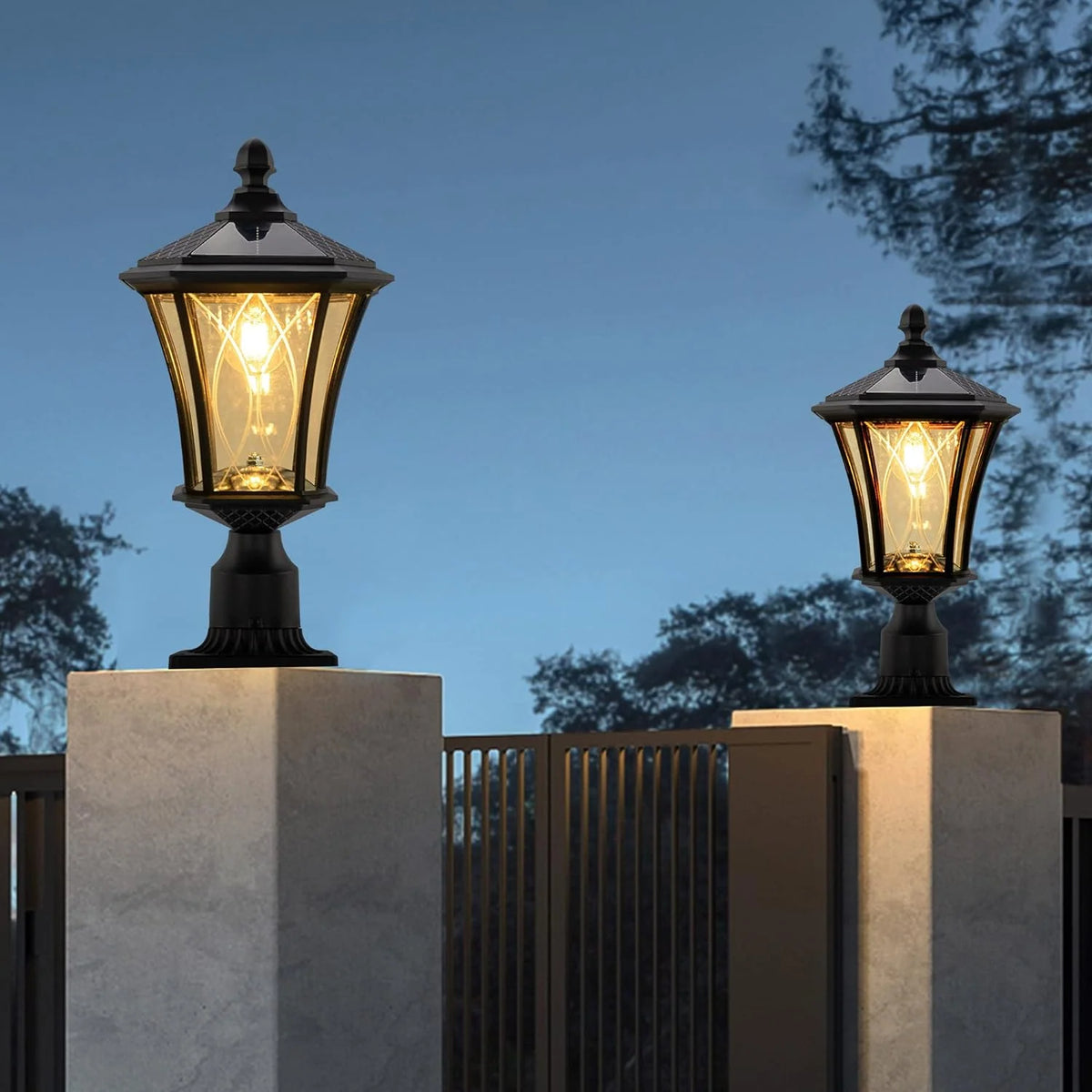 Outdoor Solar Post Light with Patterned Glass, Dusk-to-Dawn Operation and Included Pier Mount Base