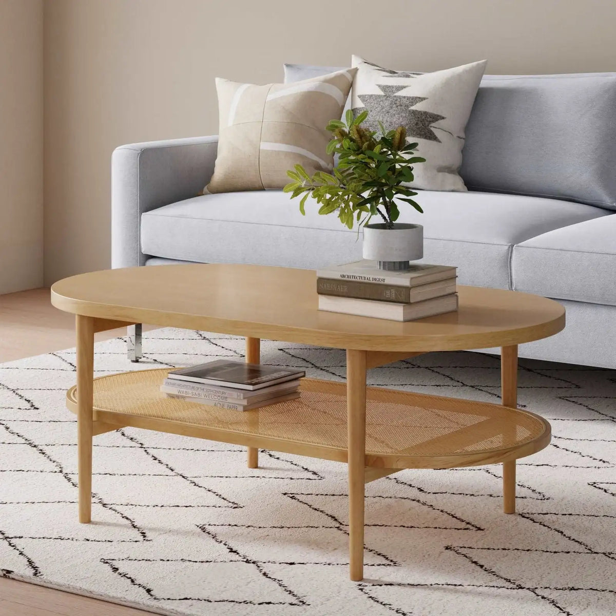 Oval Coffee Table in Warm Pine, Warm Pine-Warm Synthetic Rattan