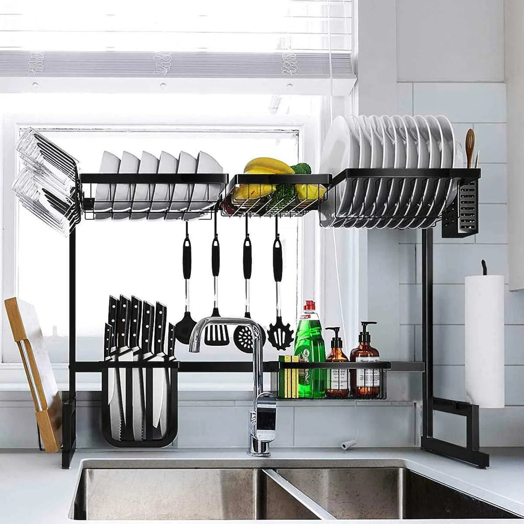 Over the Sink Dish Drying Rack with Adjustable Sections, Utensil Holders and Suction Cup Stability