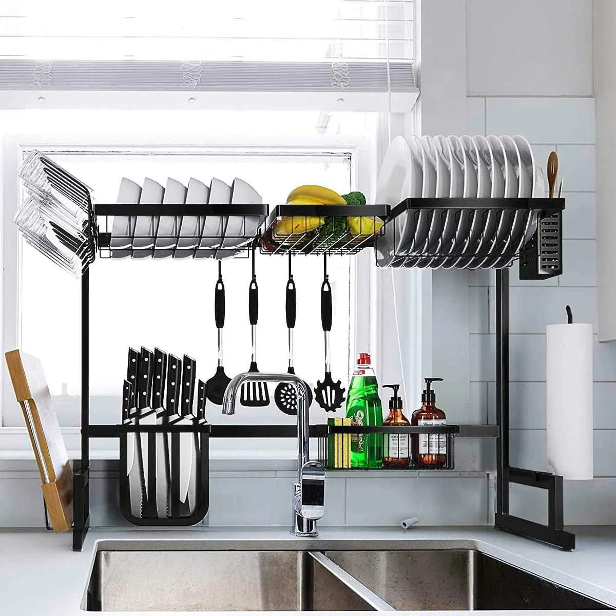 Over the Sink Dish Drying Rack with Adjustable Sections, Utensil Holders and Suction Cup Stability