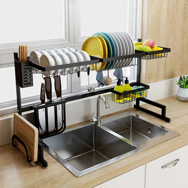 Over the Sink Dish Drying Rack with Adjustable Sections, Utensil Holders and Suction Cup Stability
