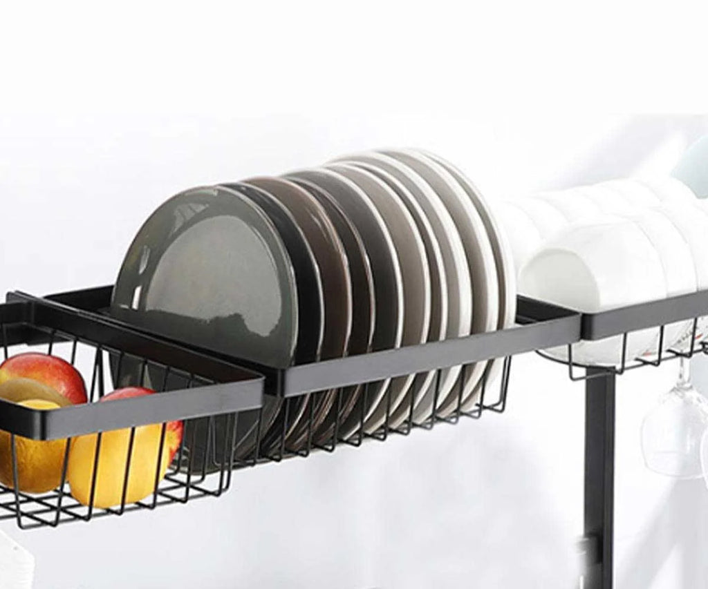 Over the Sink Dish Drying Rack with Adjustable Sections, Utensil Holders and Suction Cup Stability