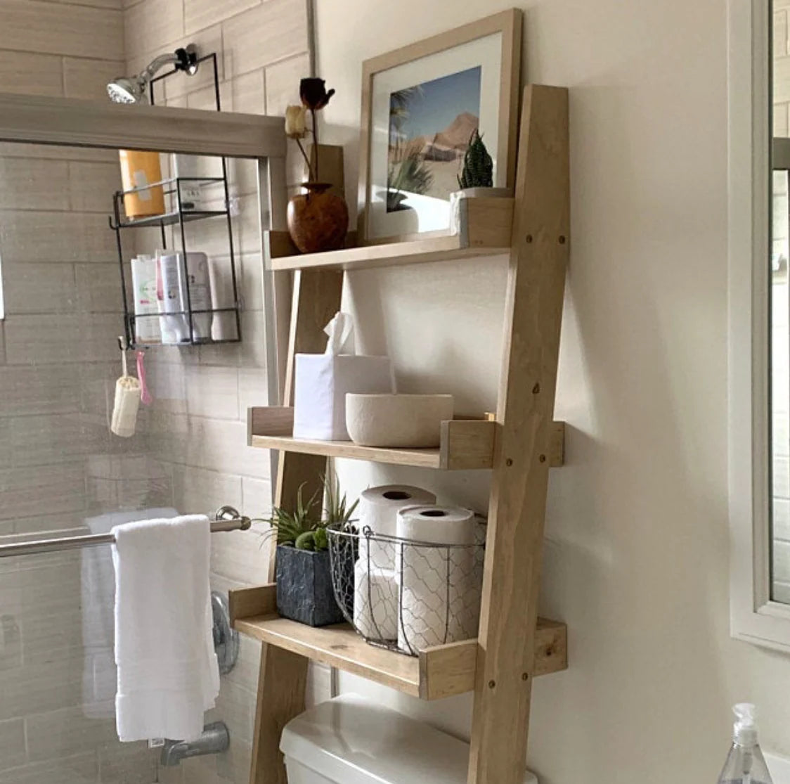 Over the Toilet Ladder Shelf, Weathered Oak