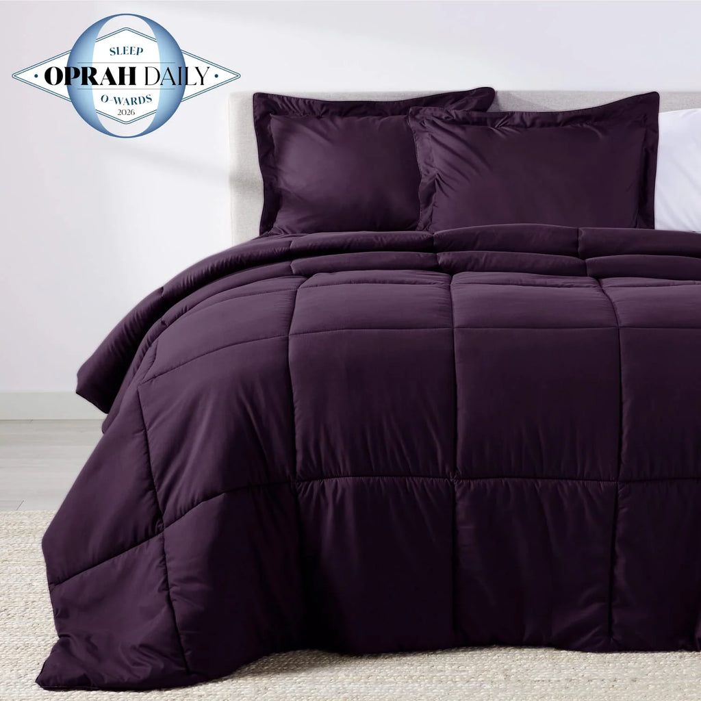 Oversized Comforter Set with Two Pillow Shams, Baffle Construction and Soft Eggplant Bedding Color