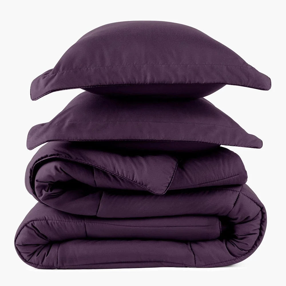 Oversized Comforter Set with Two Pillow Shams, Baffle Construction and Soft Eggplant Bedding Color