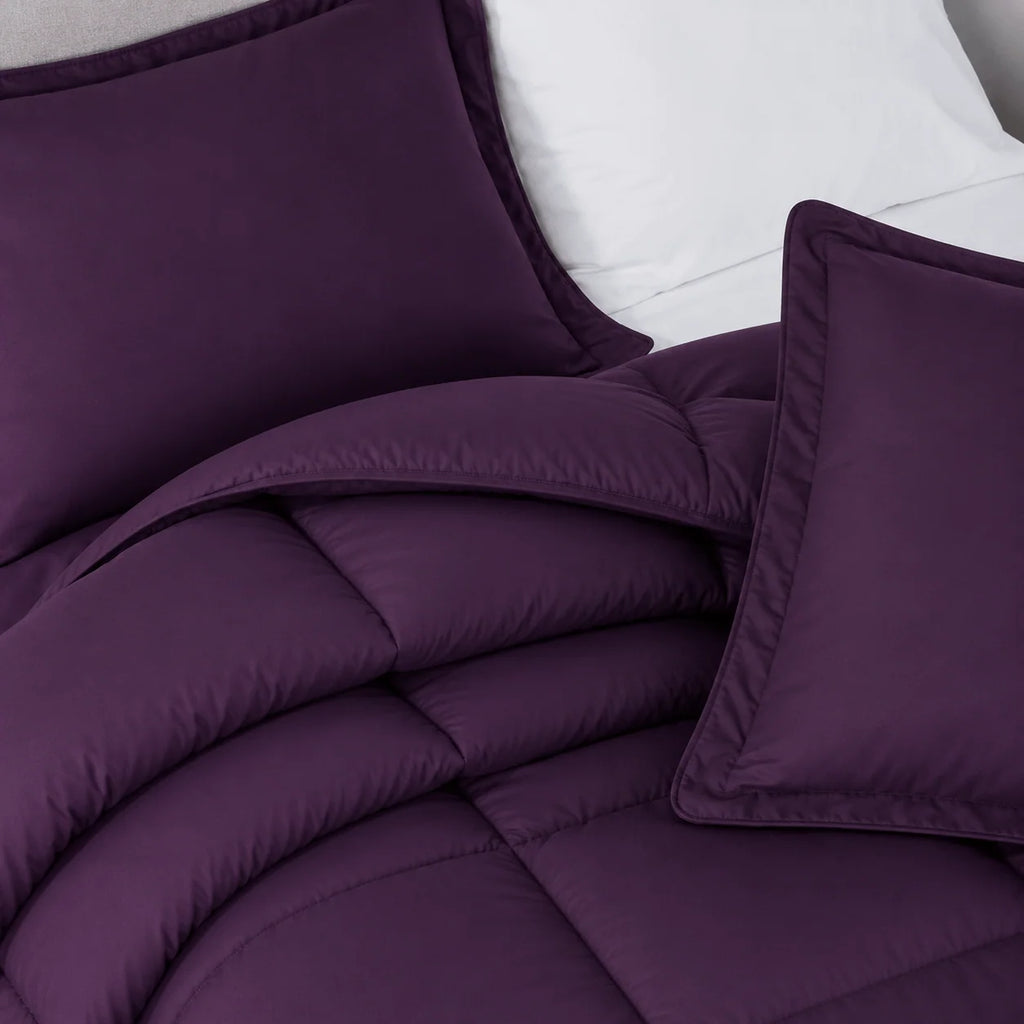 Oversized Comforter Set with Two Pillow Shams, Baffle Construction and Soft Eggplant Bedding Color