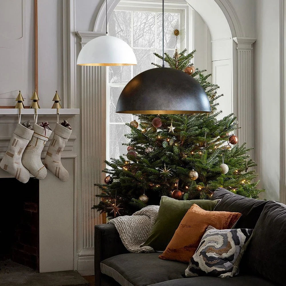 Oversized Metal Dome Pendant Light with Adjustable Cable, Gold-Foiled Interior and Four Size — Black / 15 in.
