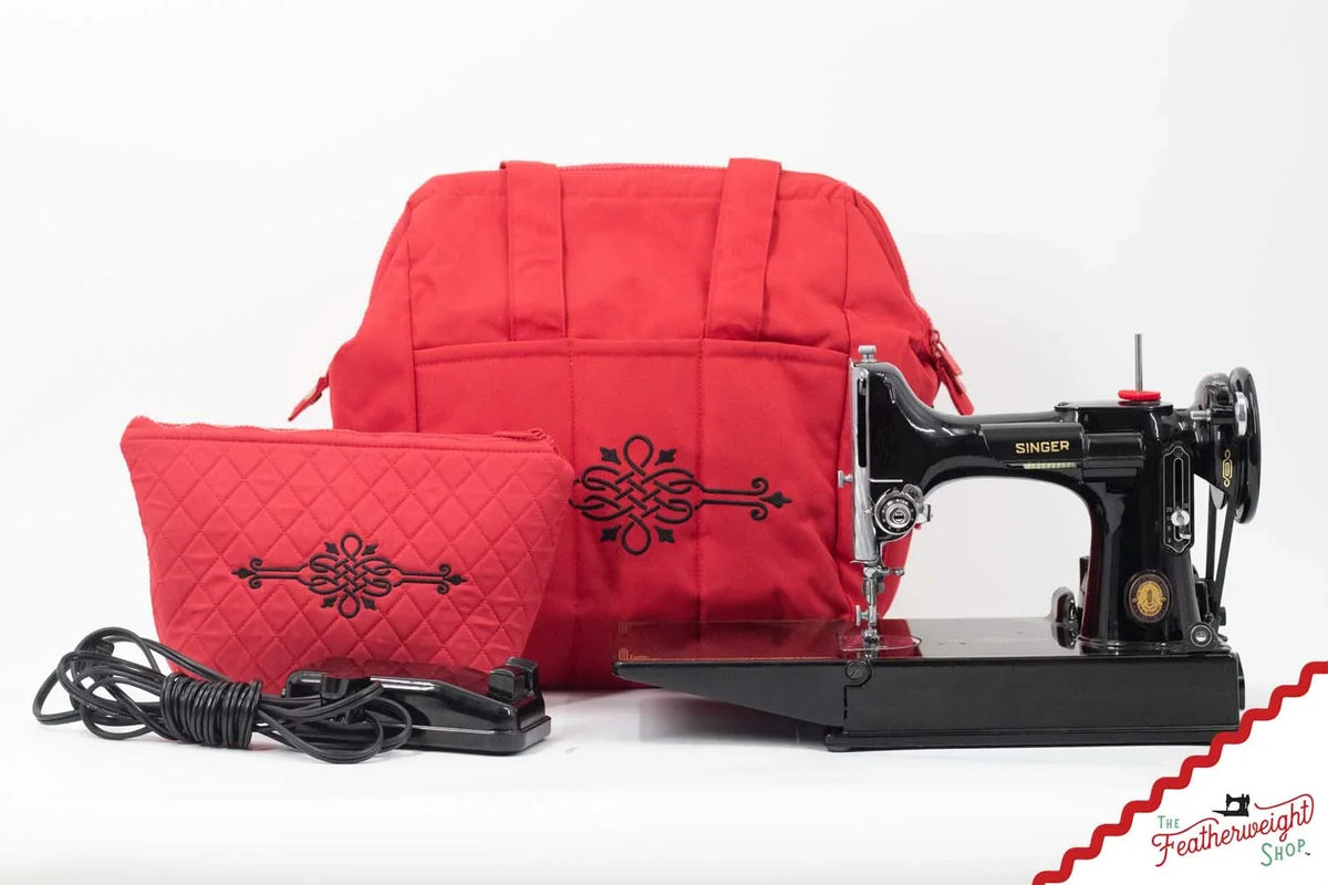Padded Red Sewing Machine Travel Case for Singer Featherweight 221 and 222 with Foot Controller Pouch