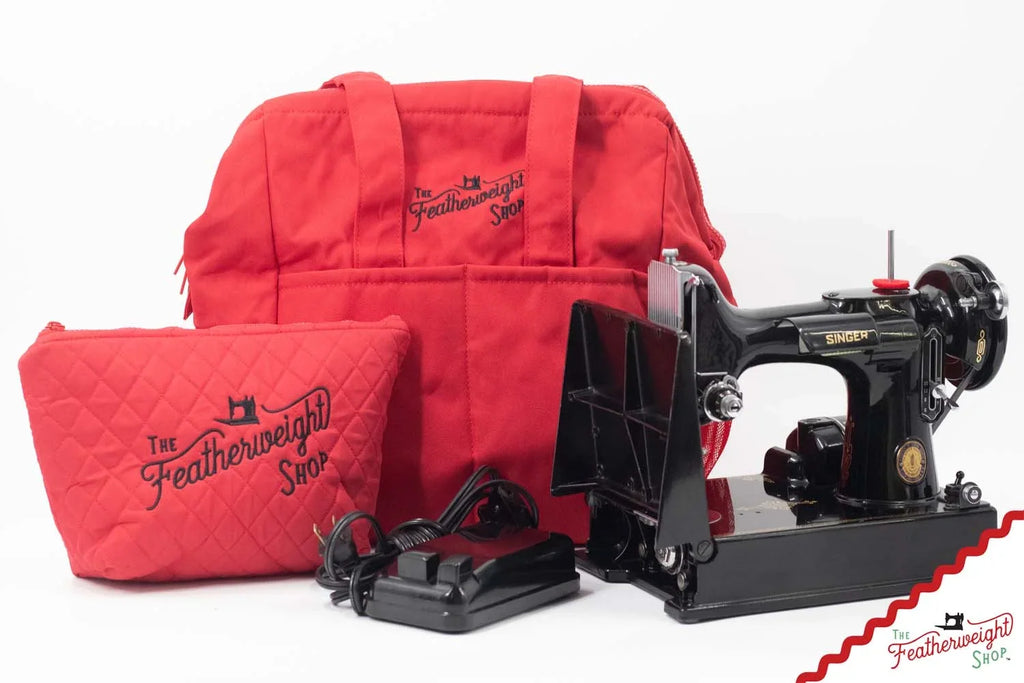 Padded Red Sewing Machine Travel Case for Singer Featherweight 221 and 222 with Foot Controller Pouch
