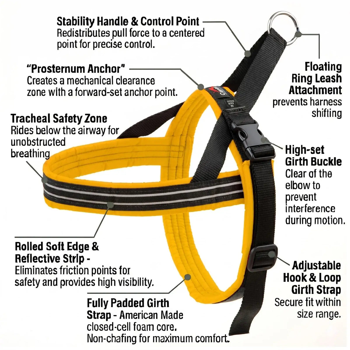 Padded Reflective Dog Harness with No-Choke Chest Strap, Adjustable Velcro Girth Band and Control Handle