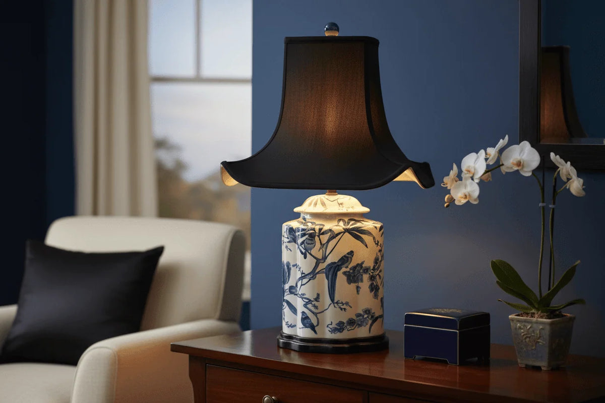 Pagoda Lampshade for Table and Floor Lamps with a Curved Silhouette and Tailored Self-Trim Detailing