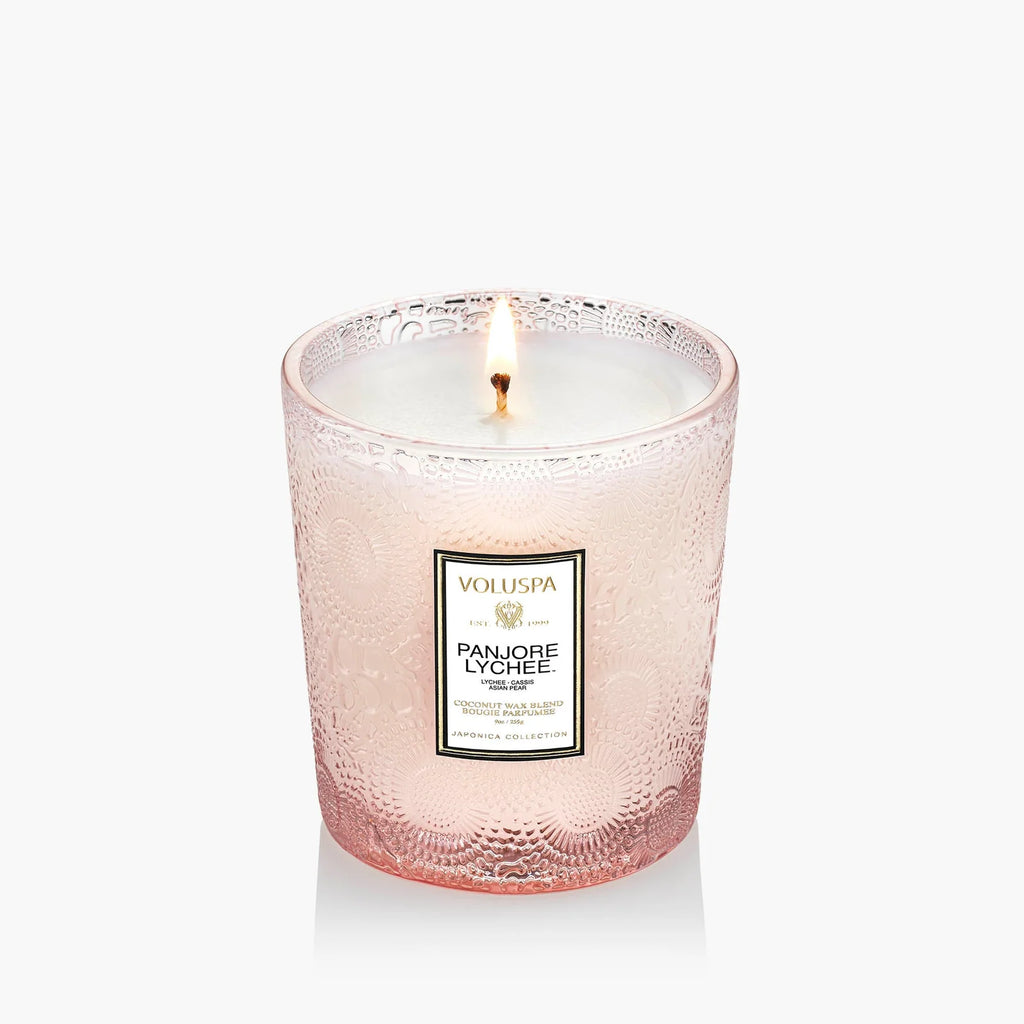 Panjore Lychee Scented Candle in a 9 oz Embossed Glass Jar
