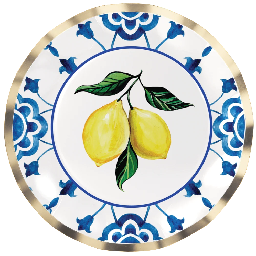 Paper Dinner Plates in a Blue Lemon Design, 10.5-Inch Ruffled Plates with Gold Foil Trim, Pack of 8