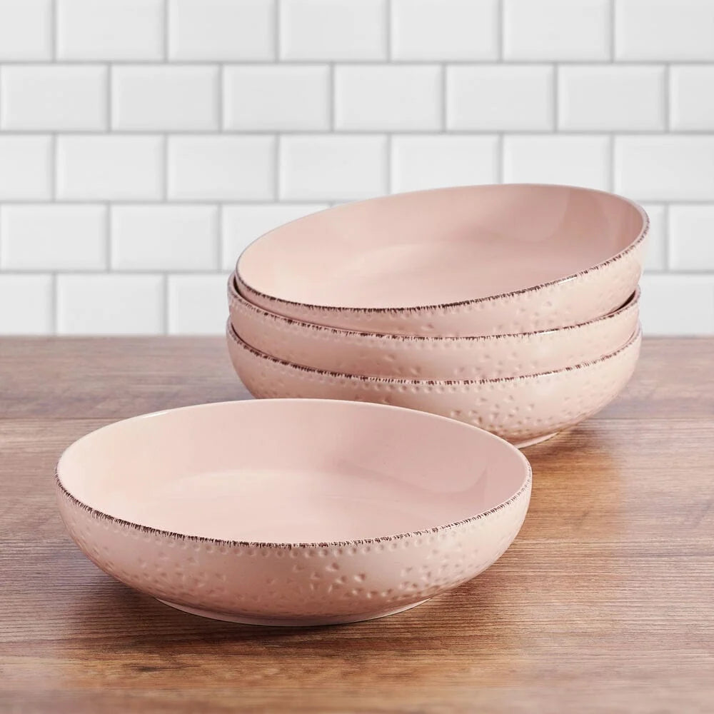 Pasta Bowls Set of 4 in Chateau Pink Stoneware with Dimpled Lace-Inspired Pattern, 32-Ounce Capacity