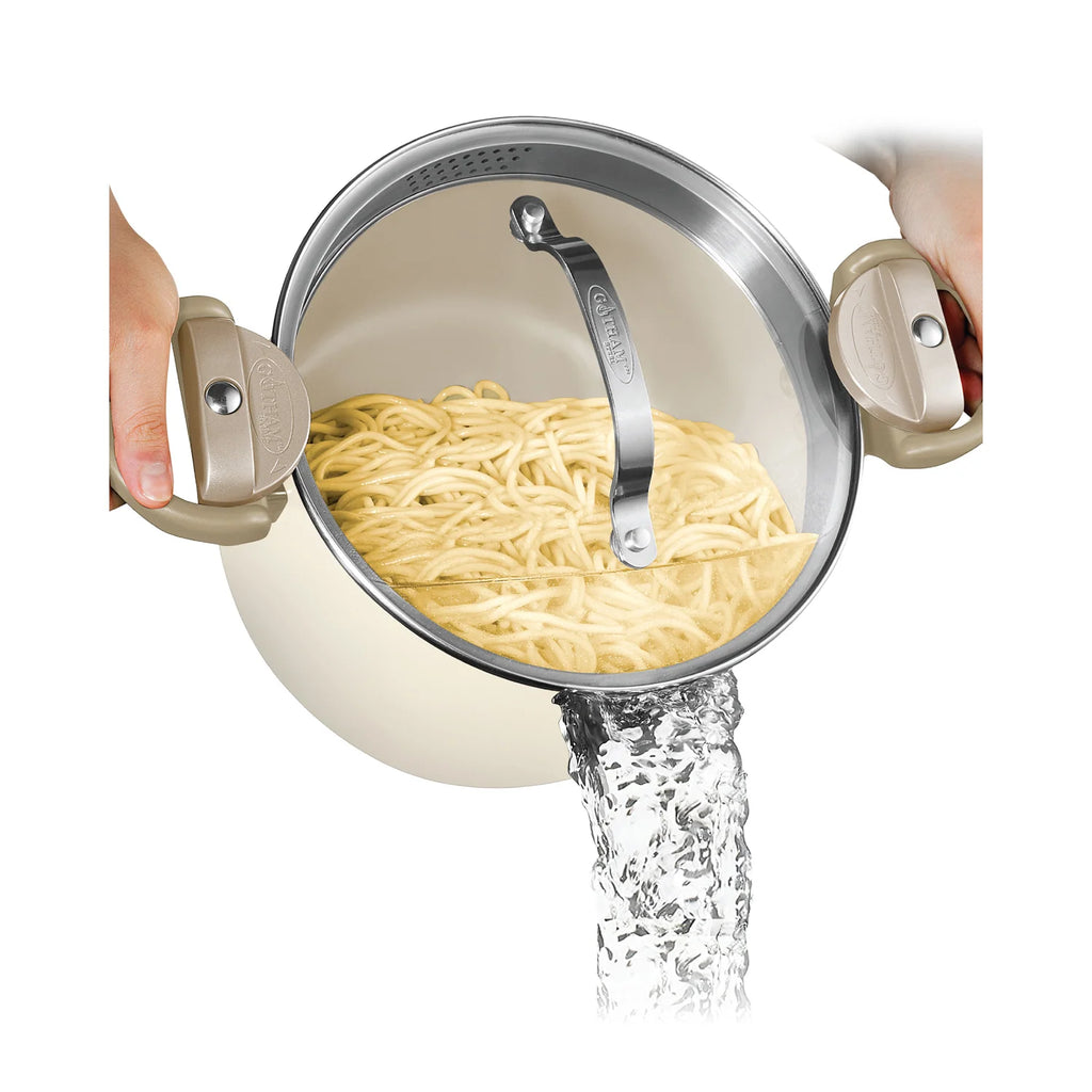 Pasta Pot with Straining Glass Lid, Twist-Lock Handles, Pour Spouts and 5- or 8-Quart Cooking — Cream / 5-Quart