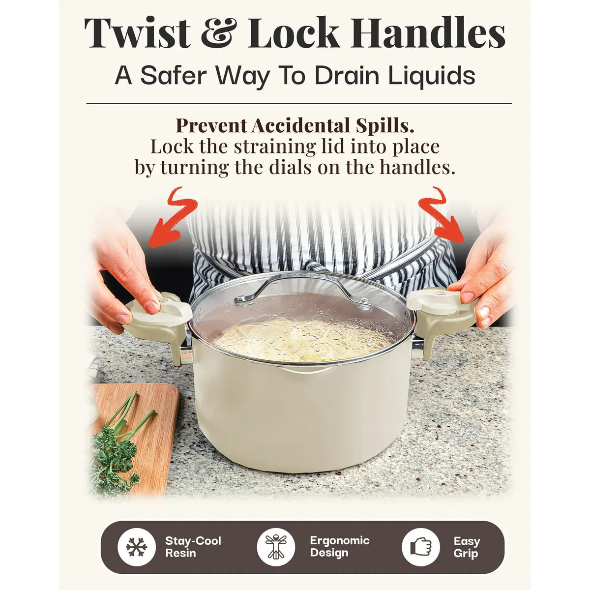 Pasta Pot with Straining Glass Lid, Twist-Lock Handles, Pour Spouts and 5- or 8-Quart Cooking