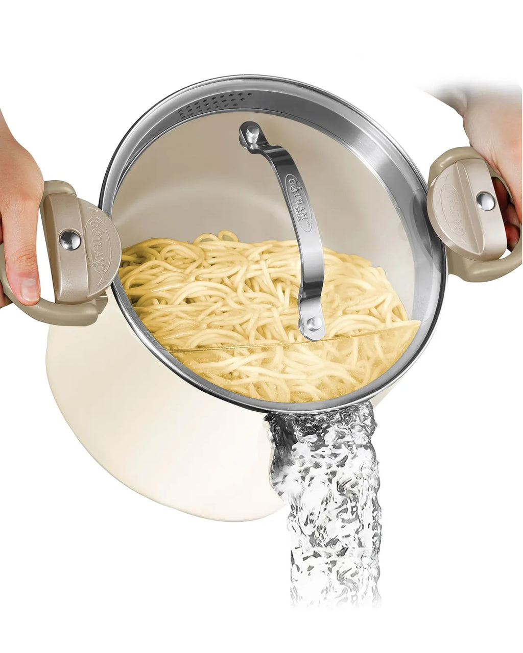Pasta Pot with Straining Glass Lid, Twist-Lock Handles, Pour Spouts and 5- or 8-Quart Cooking