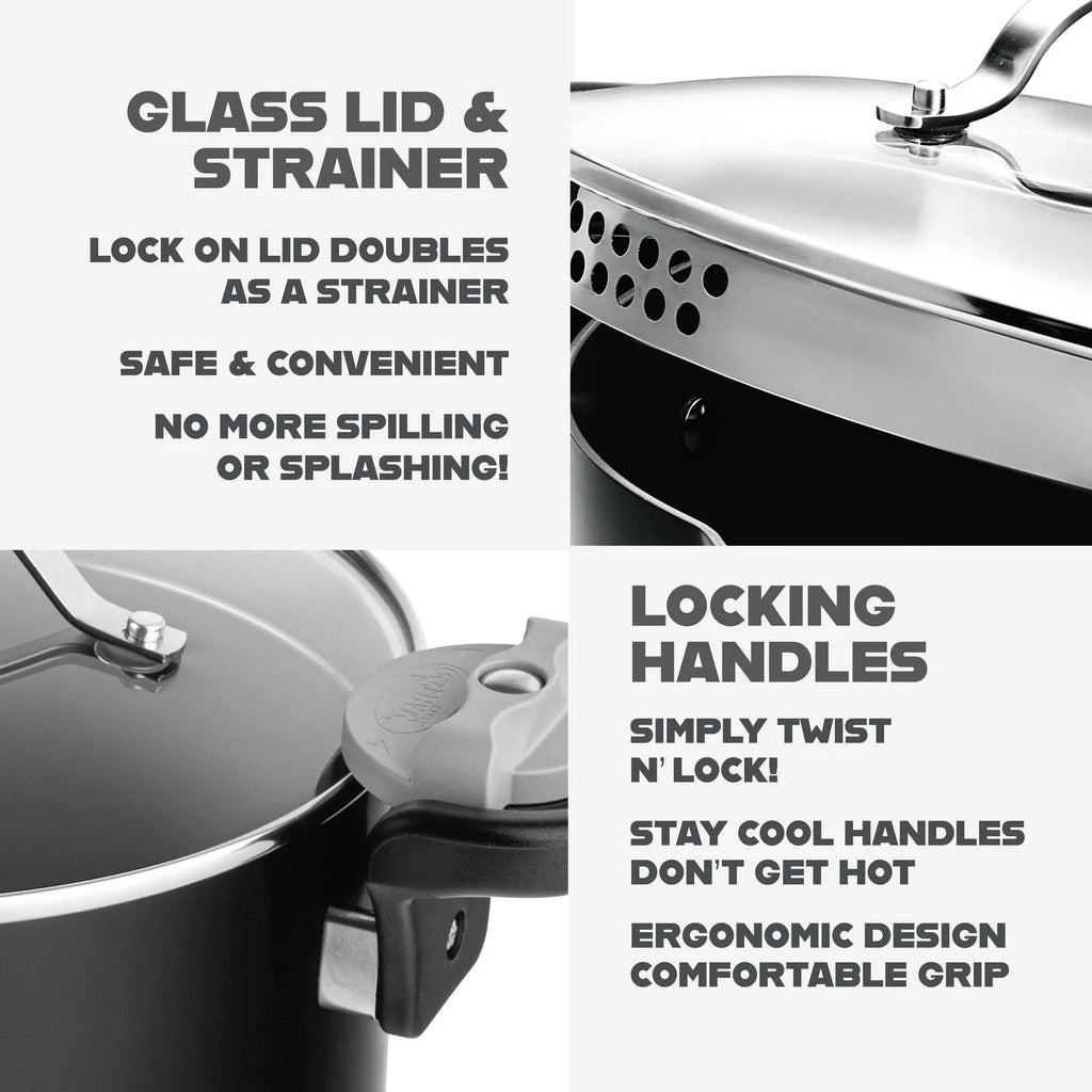Pasta Pot with Straining Glass Lid, Twist-Lock Handles, Pour Spouts and 5- or 8-Quart Cooking