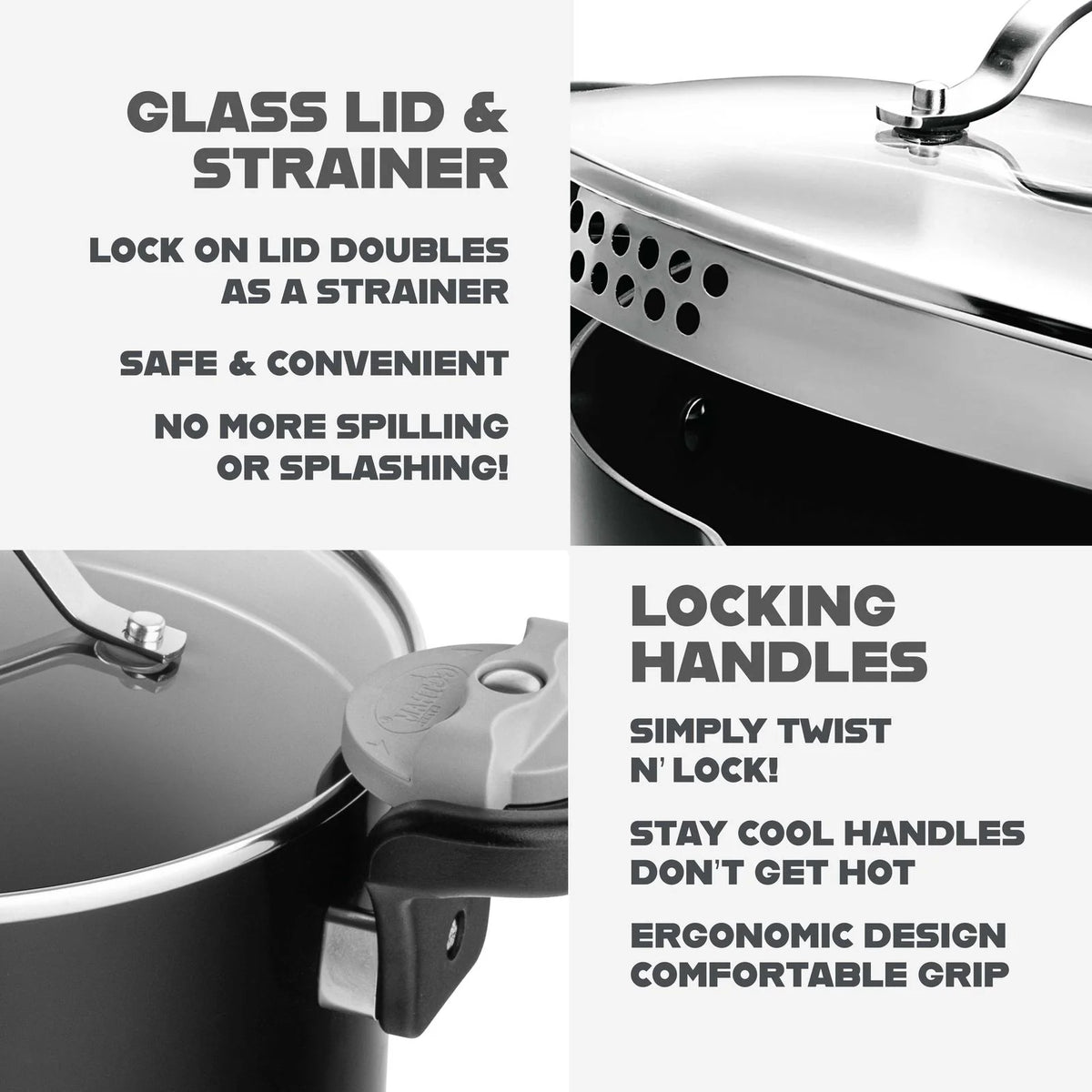 Pasta Pot with Straining Glass Lid, Twist-Lock Handles, Pour Spouts and 5- or 8-Quart Cooking