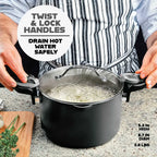 Pasta Pot with Straining Glass Lid, Twist-Lock Handles, Pour Spouts and 5- or 8-Quart Cooking