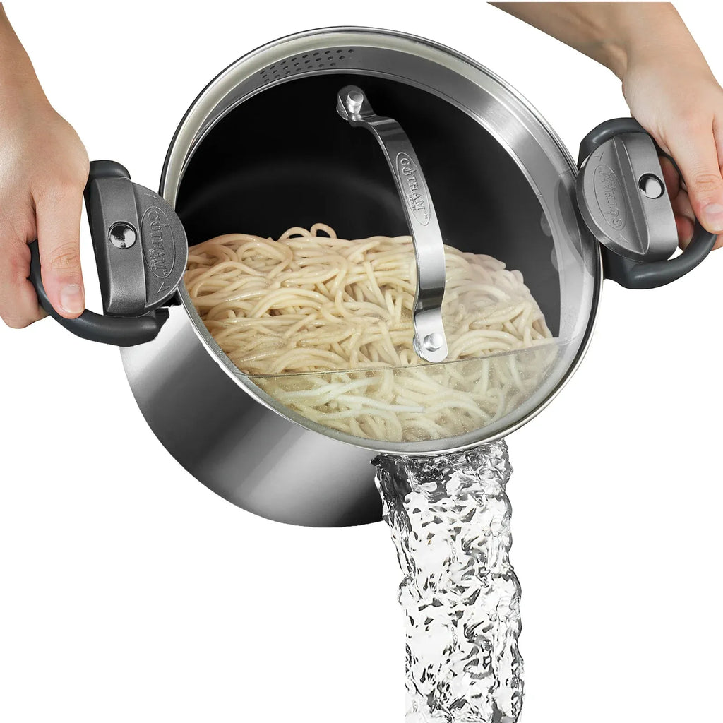 Pasta Pot with Straining Glass Lid, Twist-Lock Handles, Pour Spouts and 5- or 8-Quart Cooking