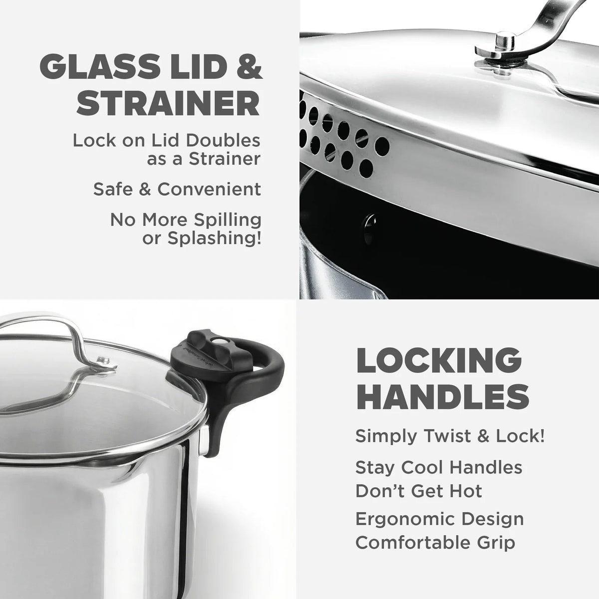 Pasta Pot with Straining Glass Lid, Twist-Lock Handles, Pour Spouts and 5- or 8-Quart Cooking
