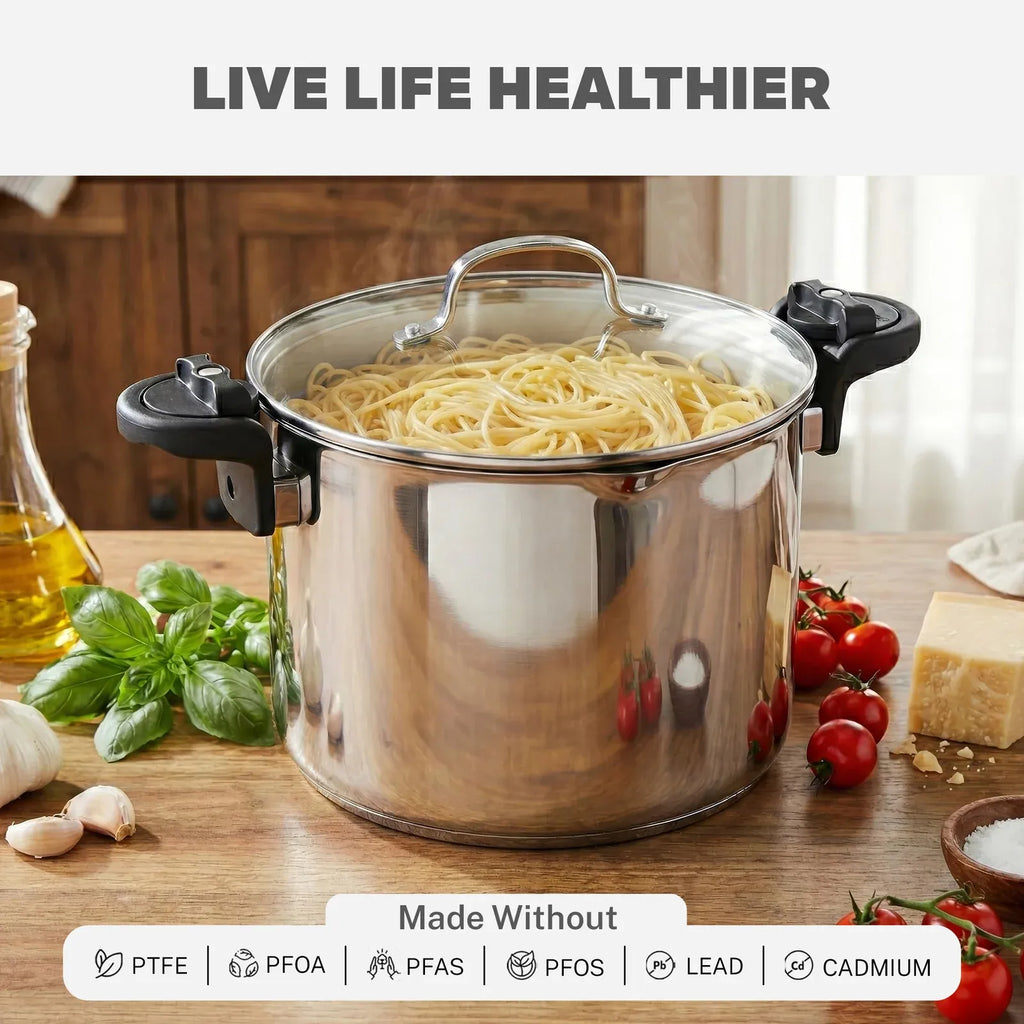 Pasta Pot with Straining Glass Lid, Twist-Lock Handles, Pour Spouts and 5- or 8-Quart Cooking