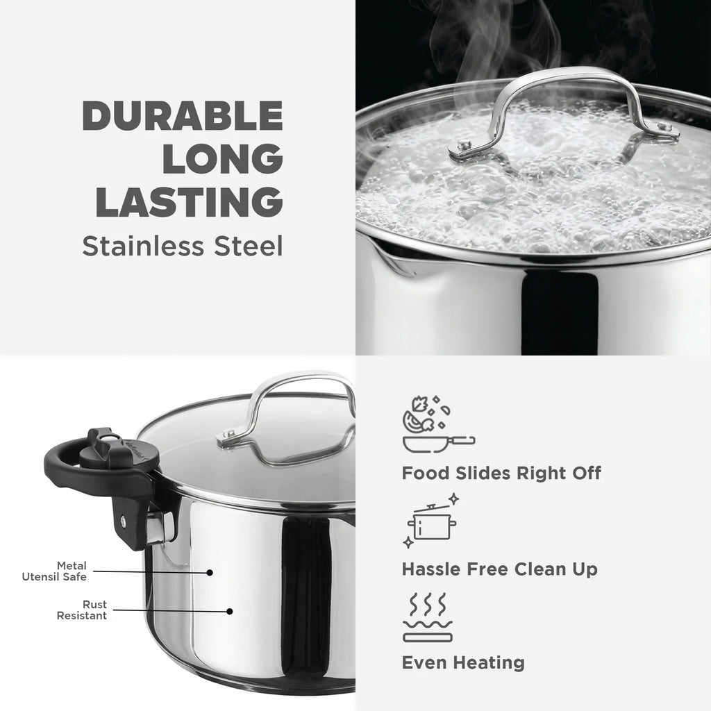 Pasta Pot with Straining Glass Lid, Twist-Lock Handles, Pour Spouts and 5- or 8-Quart Cooking