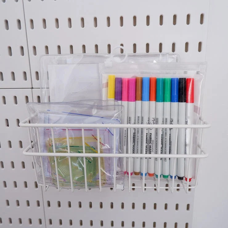 Pegboard Storage Basket, White Metal Wire Organizer for Bulkier Sewing and Craft Supplies, 10 x 4.5 x 4.3 Inches