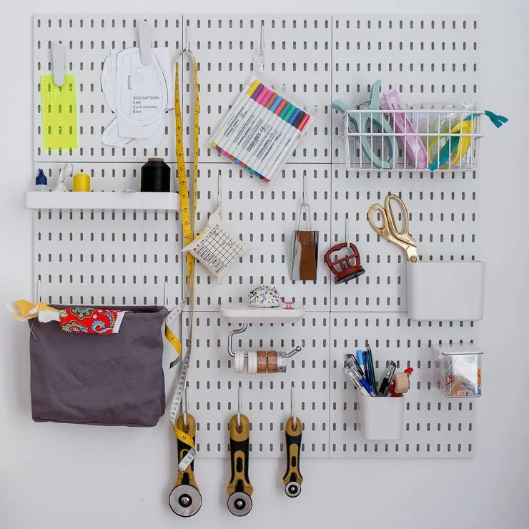 Pegboard Storage Basket, White Metal Wire Organizer for Bulkier Sewing and Craft Supplies, 10 x 4.5 x 4.3 Inches
