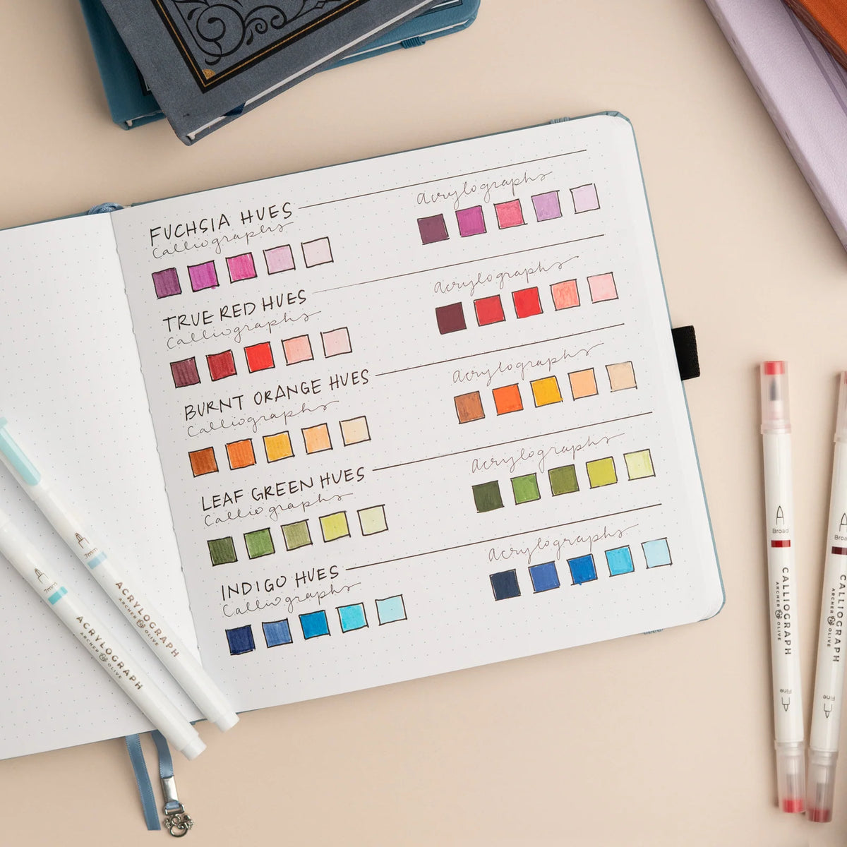 Pen Set in Five Burnt Orange Hues, a Warm Autumn-Inspired Palette for Creative Projects on Paper