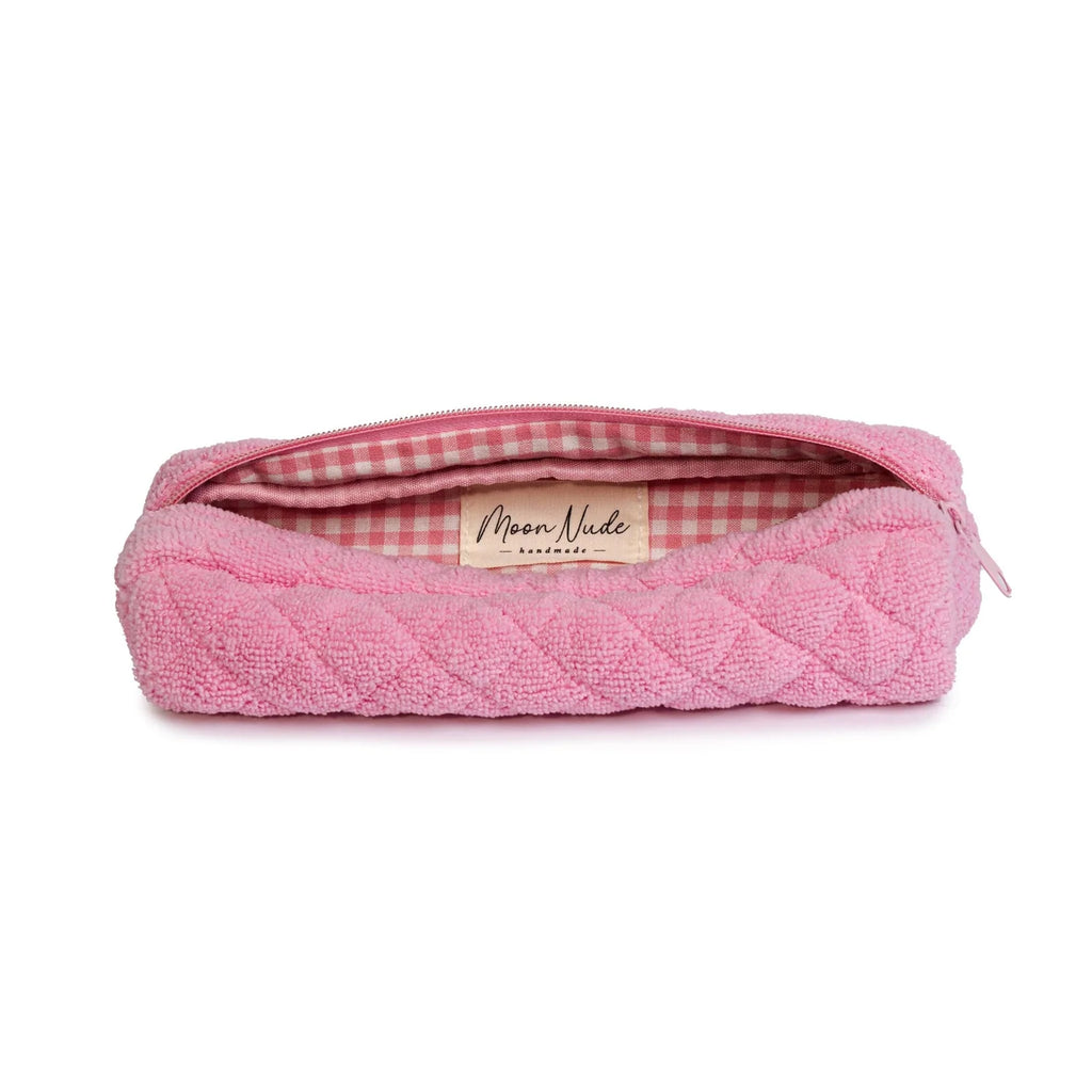 Pencil Case in Quilted Pink Terry with a Matching Gingham Interior for Stationery or Makeup Brushes