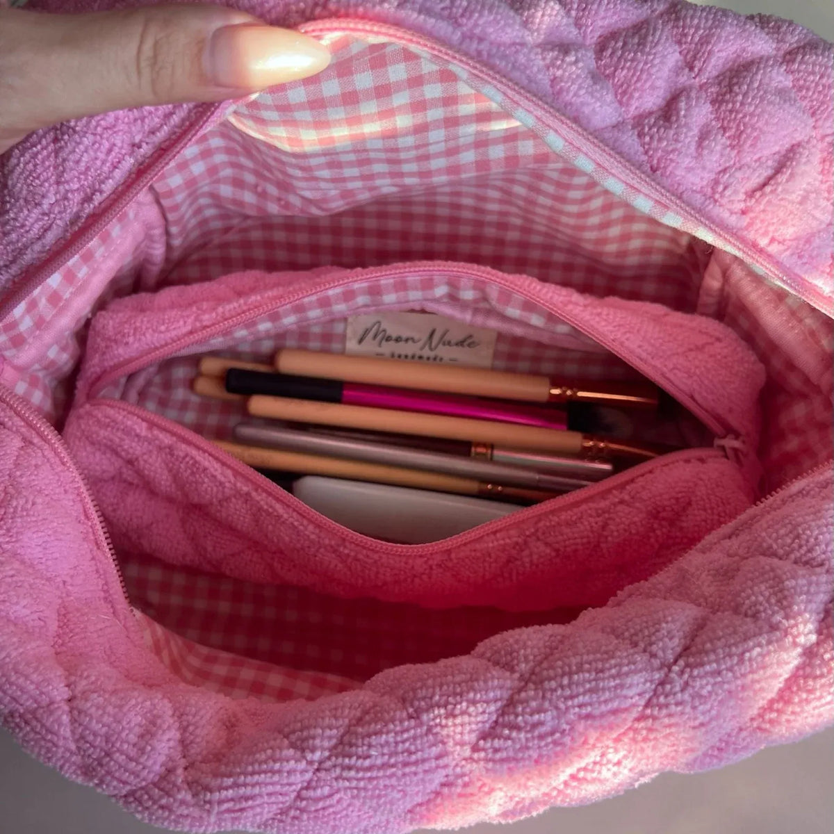 Pencil Case in Quilted Pink Terry with a Matching Gingham Interior for Stationery or Makeup Brushes