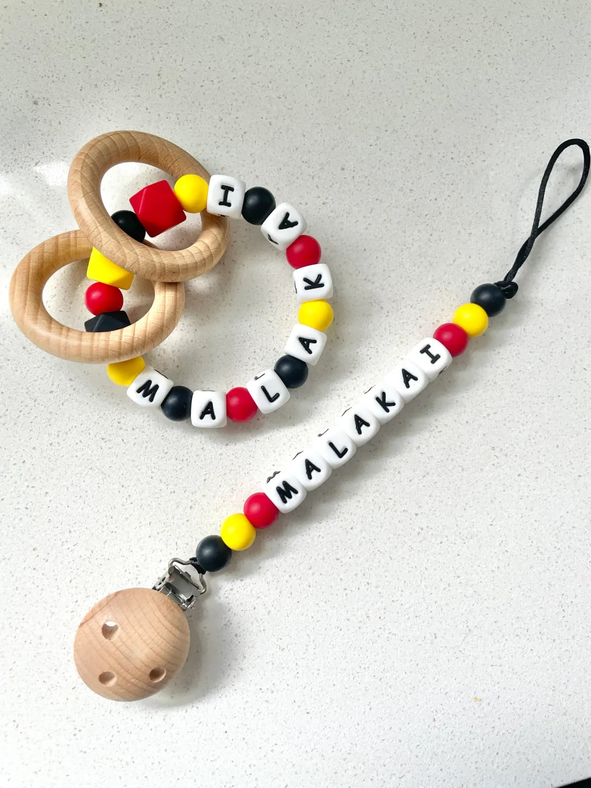 Personalised Pacifier Clip with Custom Name Beads and Red Black Yellow Aboriginal Flag Inspired D — Dummy Chain & Teether Set