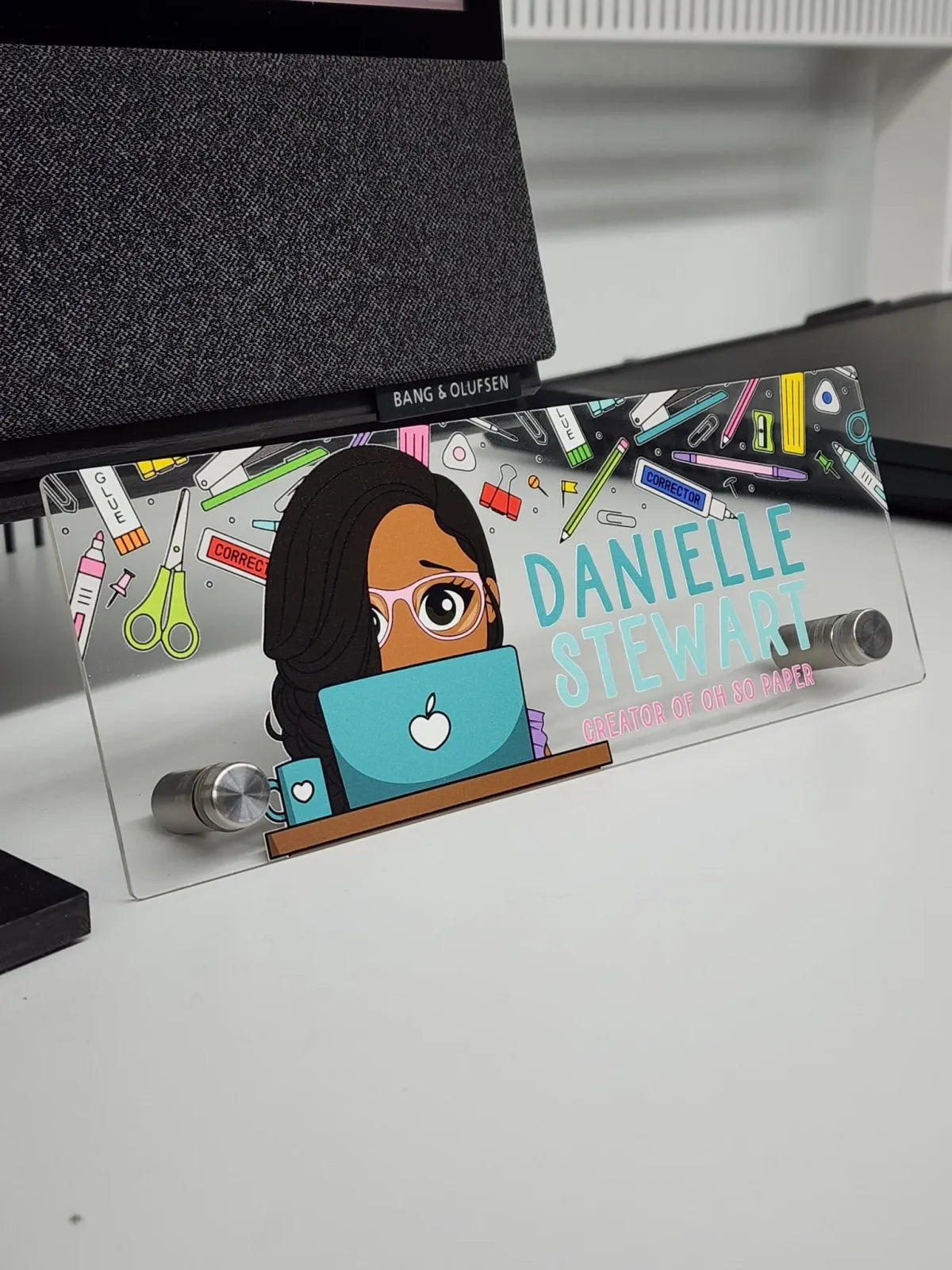 Personalized Acrylic Desk Name Plate with Custom Name, Character and Playful Background Design
