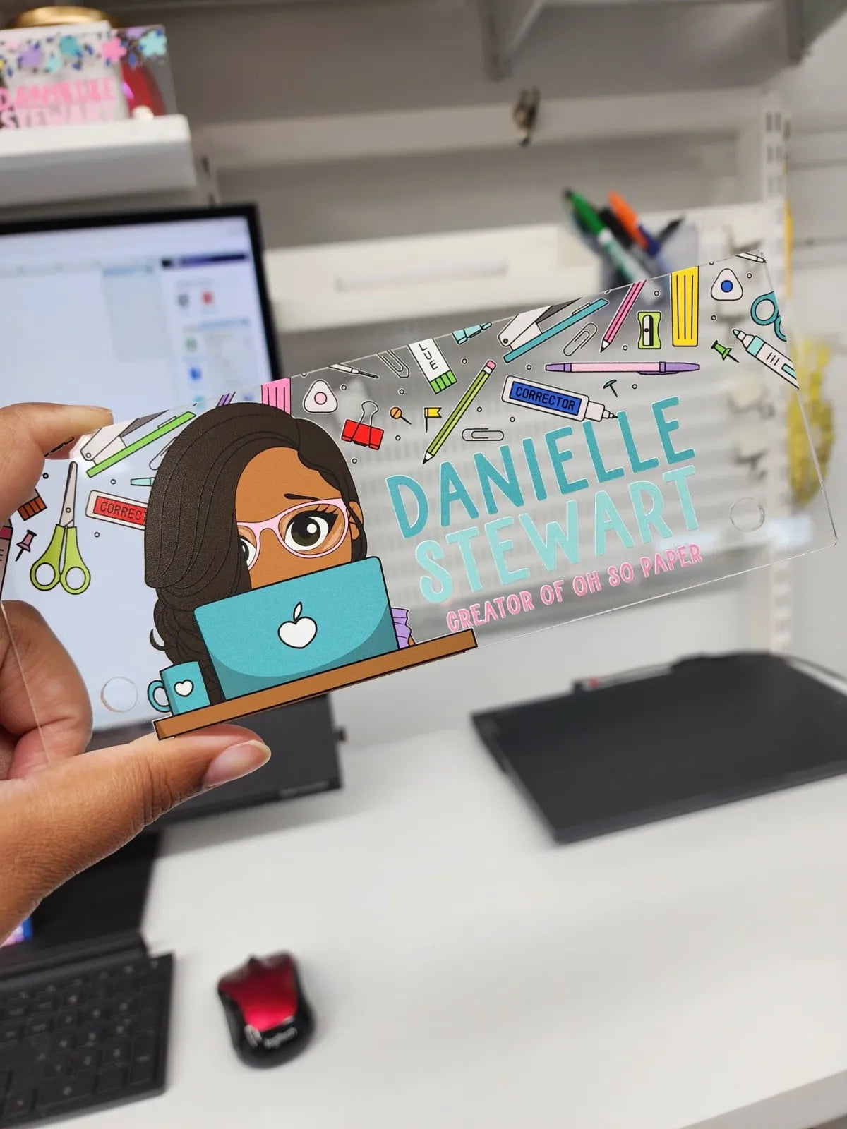Personalized Acrylic Desk Name Plate with Custom Name, Character and Playful Background Design