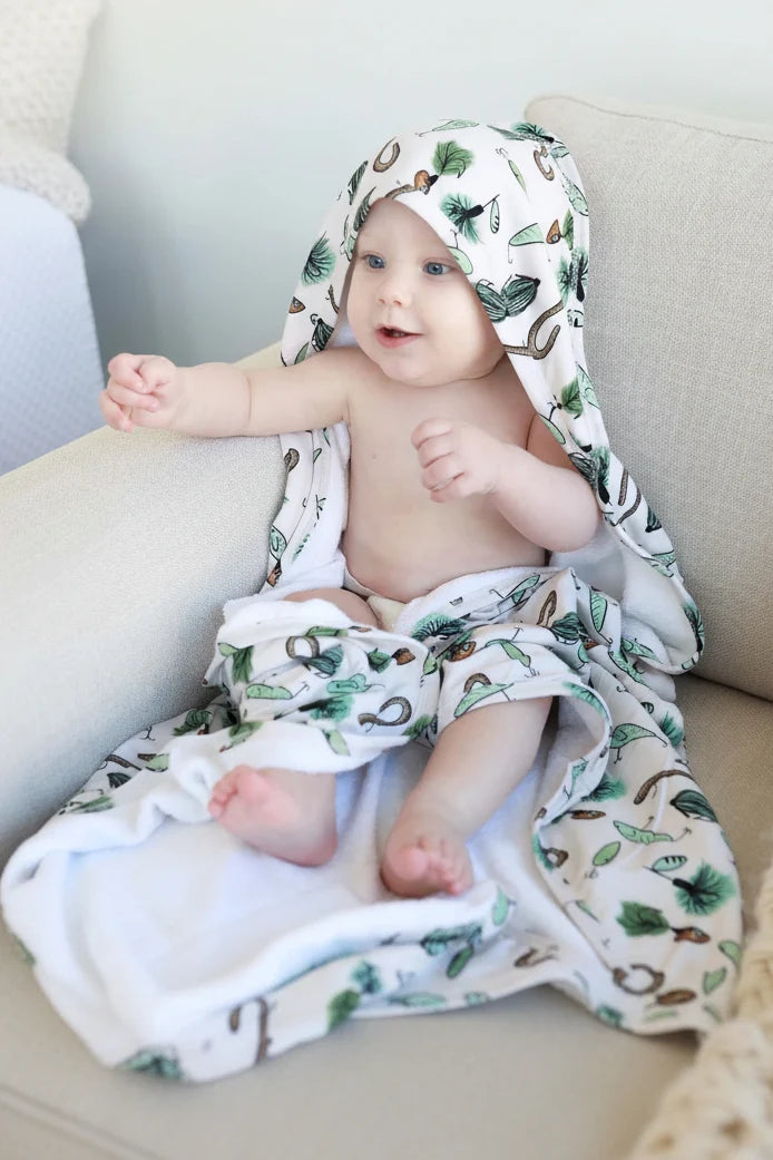 Personalized Baby Hooded Bath Towel, Bamboo Terry Interior, 30 x 30 Inch Printed Designs for Bath Time