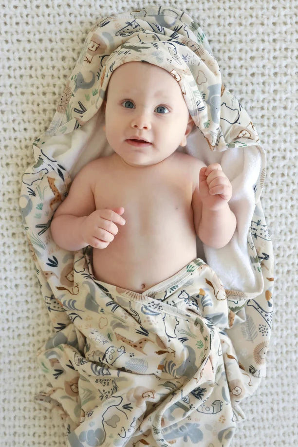 Personalized Baby Hooded Bath Towel, Bamboo Terry Interior, 30 x 30 Inch Printed Designs for Bath Time