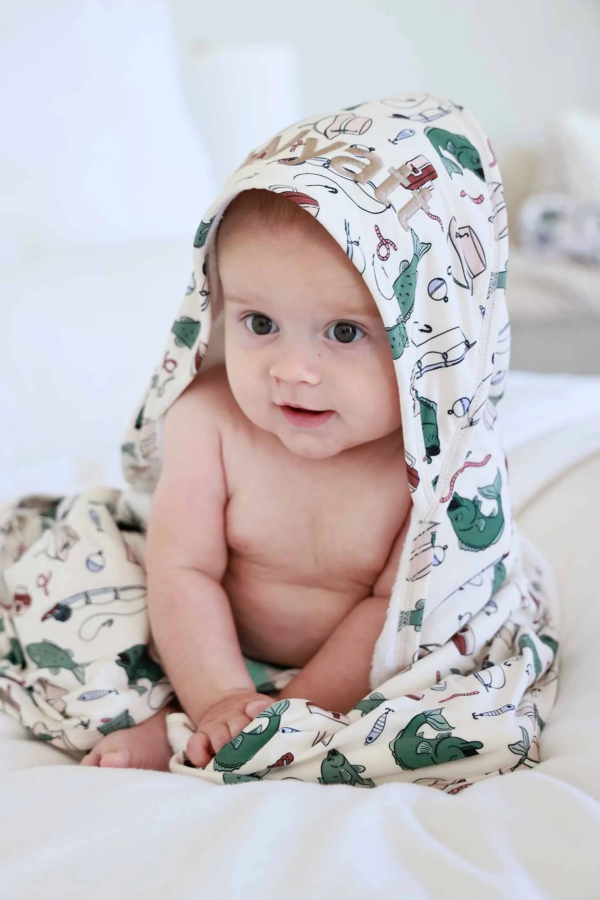 Personalized Baby Hooded Bath Towel, Bamboo Terry Interior, 30 x 30 Inch Printed Designs for Bath Time