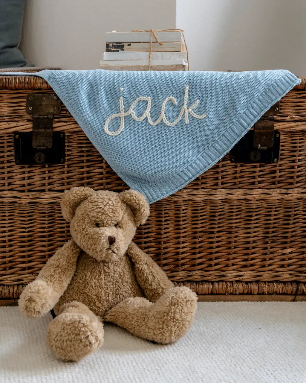 Personalized Baby Name Blanket in 100% Cotton, Hand Knitted and Embroidered for a Newborn Keepsake Gift
