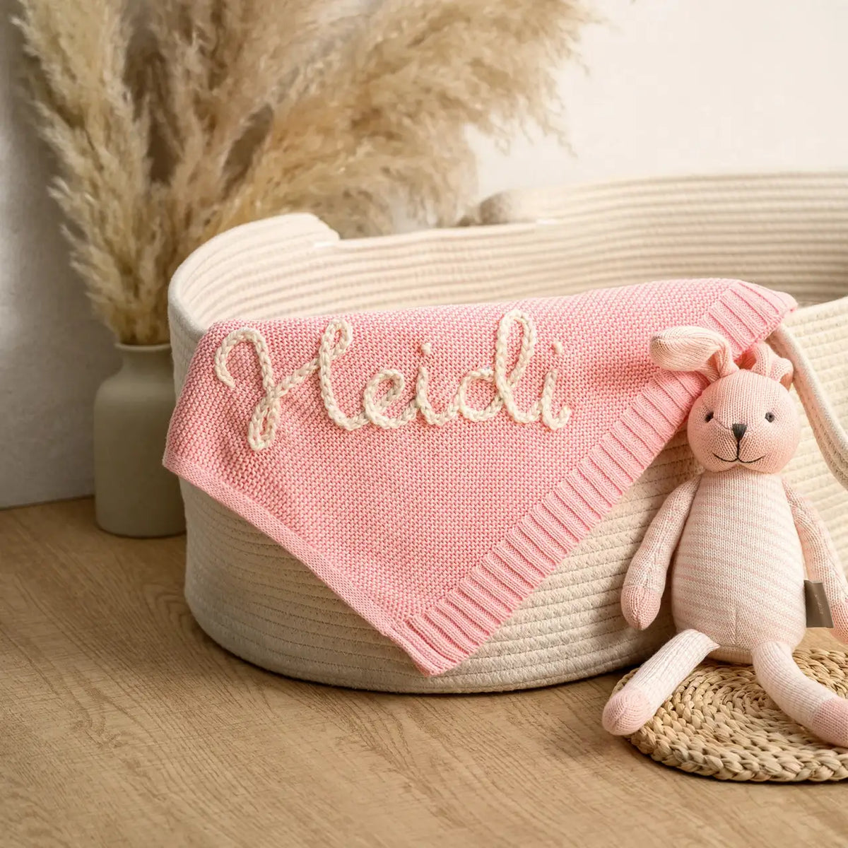Personalized Baby Name Blanket in 100% Cotton, Hand Knitted and Embroidered for a Newborn Keepsake Gift
