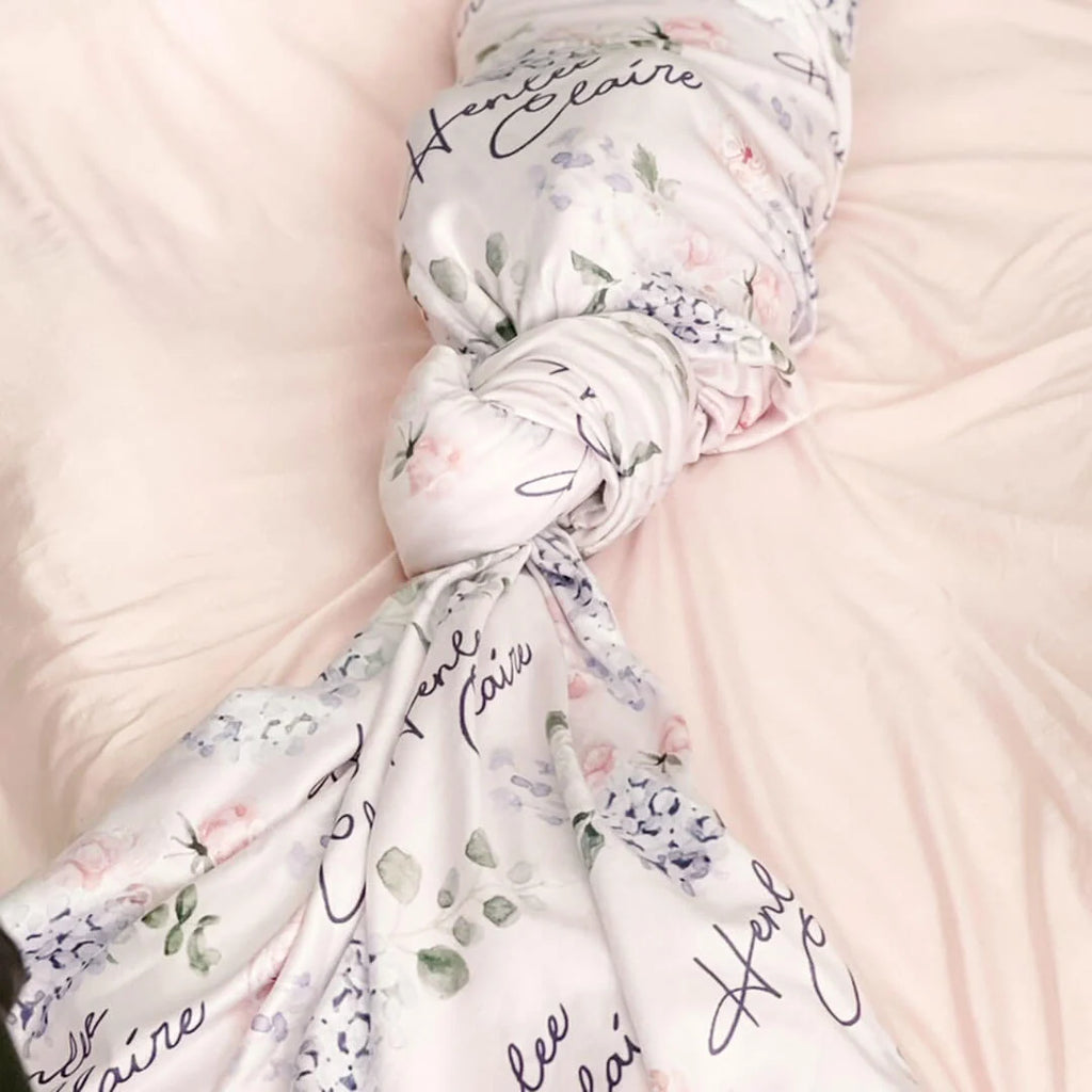 Personalized Baby Name Swaddle Blanket in Pink and Dusty Purple
