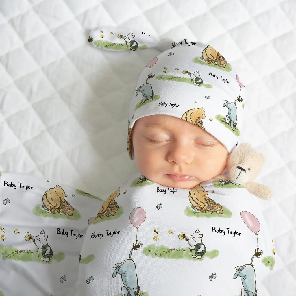 Personalized Baby Swaddle and Beanie Set in Soft Stretch Poly for a Thoughtful Newborn Keepsake