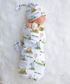 Personalized Baby Swaddle and Beanie Set in Soft Stretch Poly for a Thoughtful Newborn Keepsake