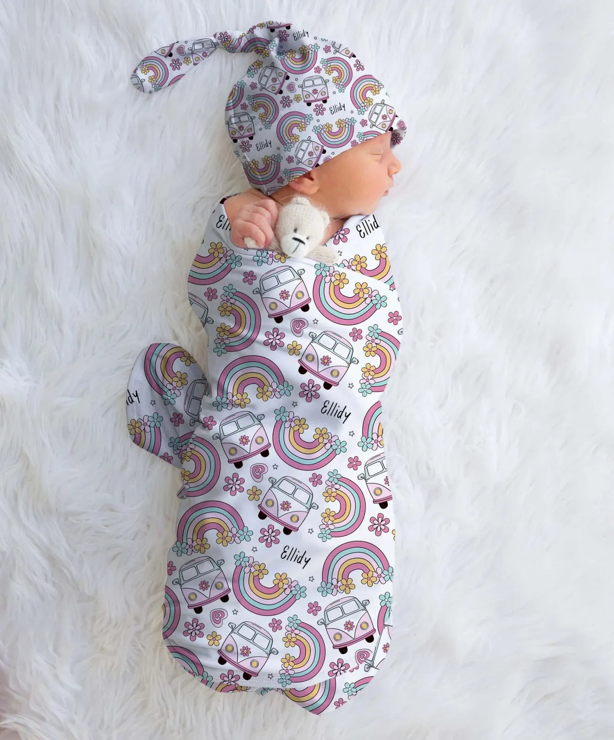 Personalized Baby Swaddle and Beanie Set in Soft Stretch Poly for a Thoughtful Newborn Keepsake