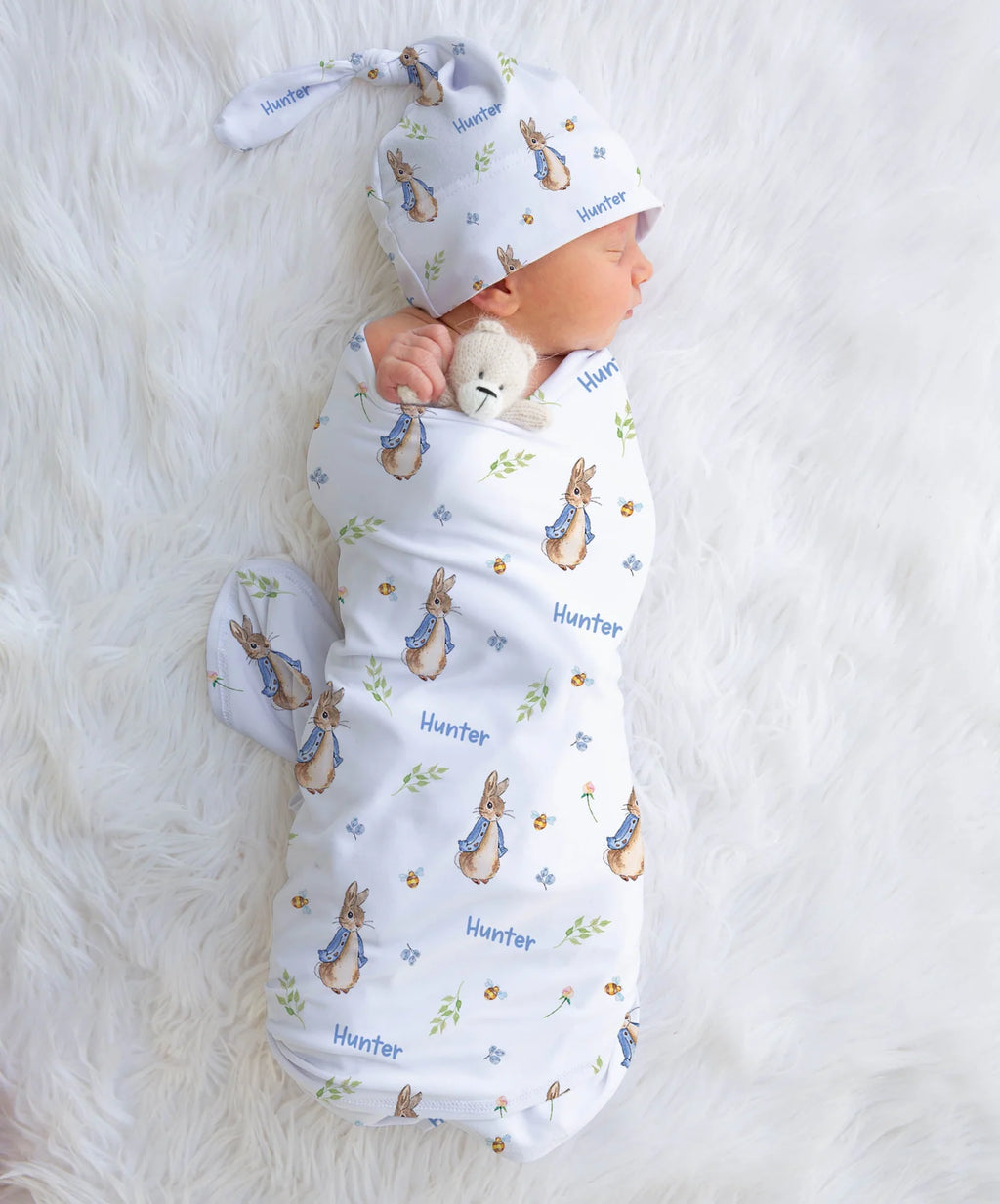 Personalized Baby Swaddle and Beanie Set in Soft Stretch Poly for a Thoughtful Newborn Keepsake